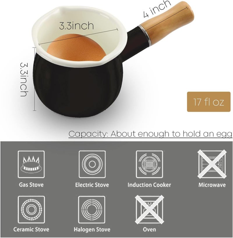 FARCADY 0.6qt Mini Enamel Milk Pot Insulated Wooden Handle 2 Pour Spouts Small Food Warmer Cute Saucepan (D015,BLACK) - Image 3